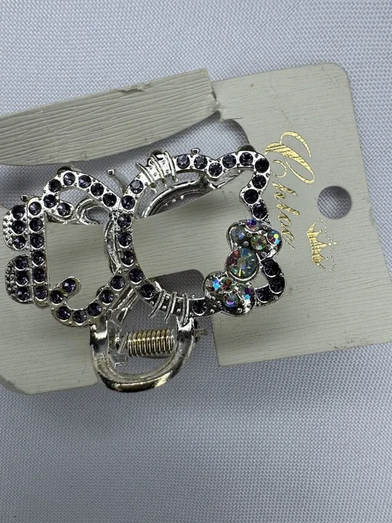 Rhinestone Cat Hair Clip Silver Tone Bow Crystal Claw Clip Cute - Picture 3 of 4